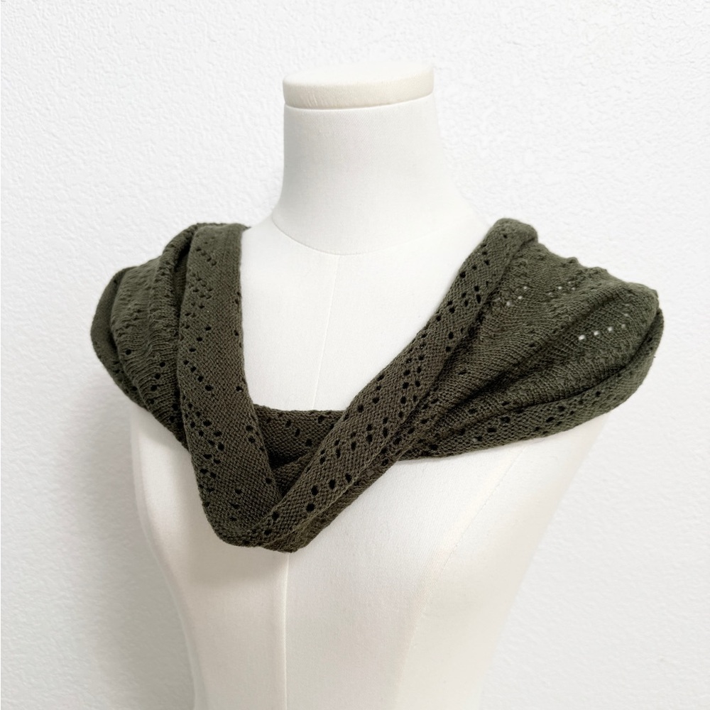Y2K 2000s Olive Green Open Knit Tube Infinity Shawl Scarf Collar